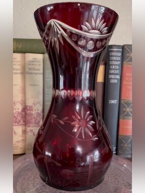 Czech Bohemian Ruby Red Cut-to-Clear Lead Crystal Vase, vintage